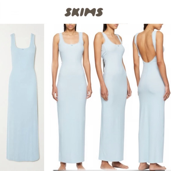 SKIMS Soft Lounge Lace Scoop Neck Long Dress Light Frost Blue Maxi Sleep M NWT SKIMS Soft Lounge Lace Scoop Neck Long Dress Light Frost Blue Maxi Sleep M NWT